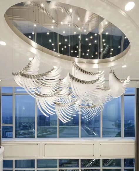 Dutti LED Non-standard Modern Chandelier Acrylic Wings Aluminum Ceiling Pendant Lighting OEM custom for Villa Hall Large Chandelier, Sandblasted Glass, Bird Wings, Feather Wings, Chrome Frame, Luminaire Design, Entry Foyer, Luxor, Modern Chandelier