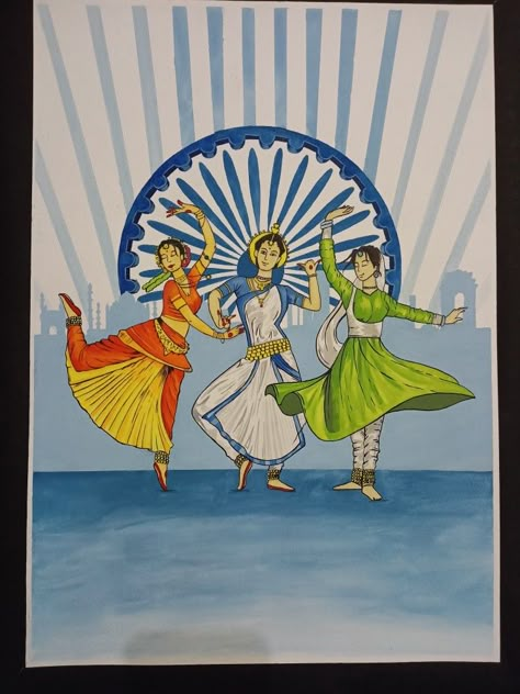 Water colour on sheet 🖌️🎨 Indian Dance Drawing, Festival Drawing, Drawing Competition, Dancing Drawings, Amazing Food Decoration, Art Hub, 15 August, College Work, Indian Dance