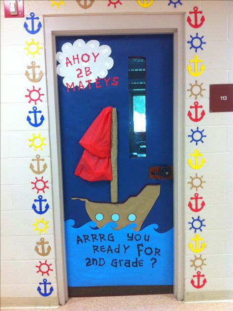 Nautical/pirate themed classroom Pirate Door, Pirate Theme Classroom, Nautical Classroom Theme, Pirate Classroom, Nautical Classroom, Sailing Theme, Ocean Theme Classroom, School Doors, Pirate Day