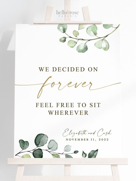 Personalized Wedding Welcome Sign . We Decided on Forever Sit Wherever . Printable Poster Sign . Greenery and Gold . PDF Download G2 #etsy #wedding #personalizedsign #customgreenerysign #welcomecustomsign #personalizedwelcome #welcomepostersign #weddingwelcomesign #weddingdecorsign #weddingpersonalized #openseating We Decided On Forever, Forever Sign, Holiday Party Games, Favors Sign, Welcome Poster, Wedding Welcome Sign, Etsy Wedding, Wedding Diy, Wedding Welcome Signs