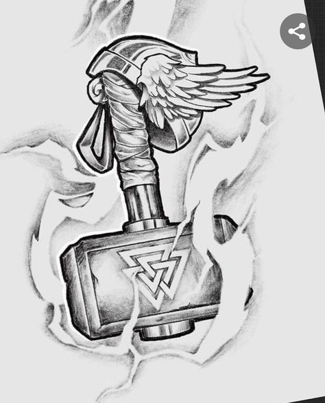 Thor Hammer Tattoo, Hammer Drawing, Mjolnir Tattoo, Viking Drawings, Thor Tattoo, Pop Culture Tattoos, Rabe Tattoo, Viking Warrior Tattoos, Scandinavian Tattoo