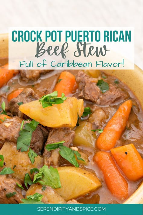 This Puerto Rican Beef Stew Recipe was one of the first recipes my mother in law taught me and it is AMAZING! Puerto Rican Beef Stew Recipes, Beef Stew In Slow Cooker, Spanish Beef Stew, Beef Stew Crock Pot, Puerto Rican Beef Stew, Beef Stew Crock, Recipes Steak, Chuck Roast Recipes, Pot Roast Crock Pot Recipes