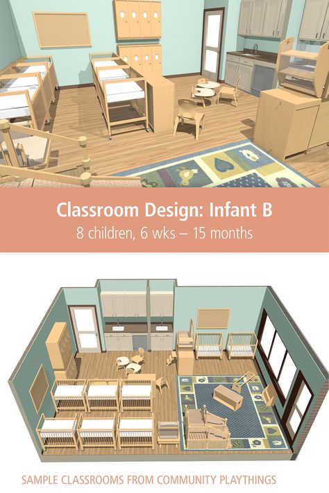 This layout design for an Infant classroom includes a protected napping area, a carpeted play area, cubbies, and separate feeding and diapering areas. Click through to view the labeled floor plan and 3-D rendering, plus a complete pricelist, so you can purchase furniture for a whole room or pick and choose ideas. Visit our “Classroom Layout Designs” board to explore more! Home Daycare Layout Floor Plans, Daycare Facility Design, Daycare Floor Plans Layout Day Care, Infant Classroom Design, Daycare Center Interior Design, Daycare Center Layout Floor Plans, Childcare Centre Design, Montessori Infant Classroom Layout, Small Infant Room Daycare Layout