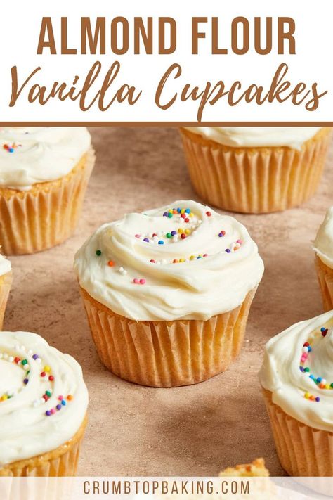 Almond flour cupcakes topped with cream cheese frosting and sprinkles and arranged on a beige surface. Gluten Free Cupcakes Easy, Almond Flour Cupcakes, Flour Desserts, Quick Sweets, Sugar Free Cupcakes, Almond Flour Desserts, Gluten Free Cupcake Recipe, Dairy Free Cupcakes, Gluten Free Cupcakes Vanilla