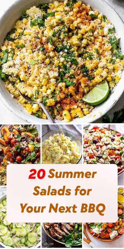 Beat the heat with these refreshing summer salad recipes, perfect for your next backyard BBQ or potluck. From classic to unique, get inspired by 20 delicious salads to make your gathering a hit! Good Salad For Bbq, Bbq Salads Summer, Side Salads For Bbq Summer Potluck, Grilling Menu Ideas Summer, Easy Bbq Salads, Salad Ideas For Bbq, Salad To Go With Ribs, Salad To Go With Bbq, Bbq Salad Ideas