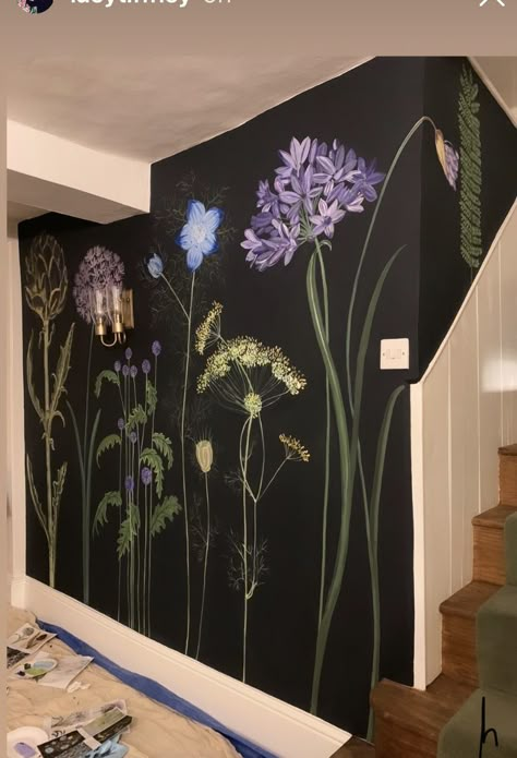 Wall Black Painting Ideas, Black Wall Mural Ideas, Moody Wall Mural, Chalkboard Mural Wall, Hand Painted Floral Mural, Chalk Wall Mural, Mural On Black Wall, Bedroom Murals Painted, Witchy Mural Ideas