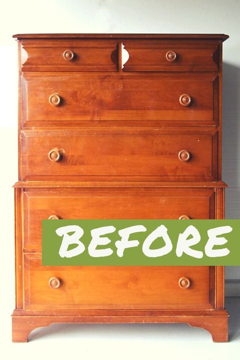 Check out this dramatic before and after dresser makeover with furniture paint and adding feet to a dresser. Plus get more furniture makeover ideas for your thrift finds here! Adding Feet To Dresser, Update Dresser, Wood Dressers Makeover, Orange Dresser, Dresser Flips, Dresser Nightstand, Brown Dresser, Dresser Refinish, Dresser Redo