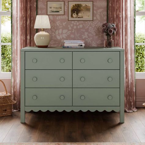 daVinci Sammy Scallop 6-Drawer Dresser | Wayfair Penelope Nursery, Kids Room Dresser, Nursery Dresser Decor, Sage Green Furniture, Pink And Green Nursery, Kids Dresser, Dresser Brown, Playful Colors, Nursery Dresser