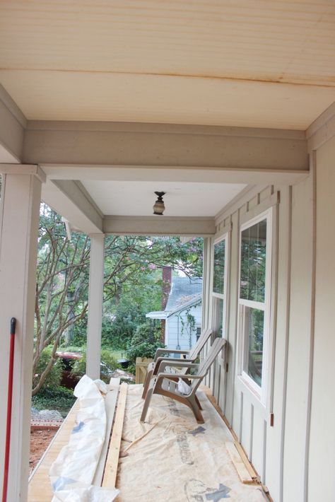 Board and Batten Exterior Progress - thewhitebuffalostylingco.com Batten Board Exterior, Exterior Beach House, Batten Board, Green Siding, Board And Batten Exterior, Craftsman Bathroom, Craftsman Farmhouse, Porch Ceiling, Board And Batten Siding