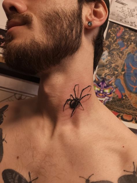 This is a realism tattoo on a man's neck. Cheers. Spider Tattoo Men Neck, Spider Neck Tattoo Men, Realism Spider Tattoo, Spider Tattoo Placement, Spider Tattoo Neck, Small Neck Tattoos Men, Spider Tattoo Men, Spider Neck Tattoo, Small Neck Tattoos