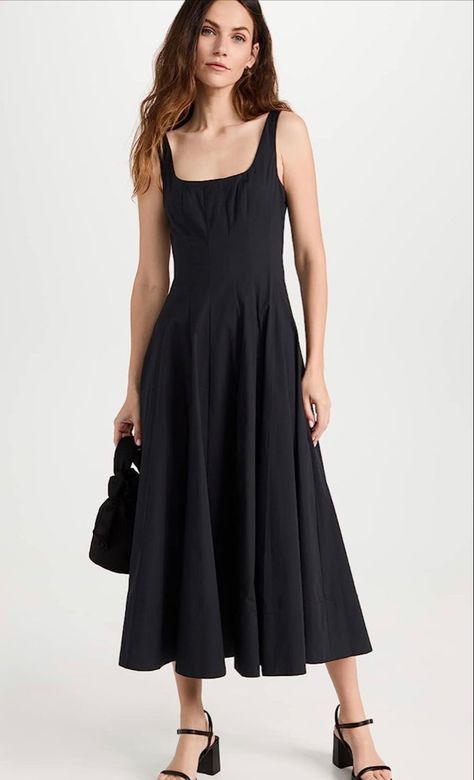 STAUD wells a-line midi dress Ladies Day Dresses, Scoop Neck Dress, Weave Fabric, Rust Dress, Linen Maxi Dress, Halter Maxi Dresses, Long Black Dress, Modern Dress, Flared Skirt