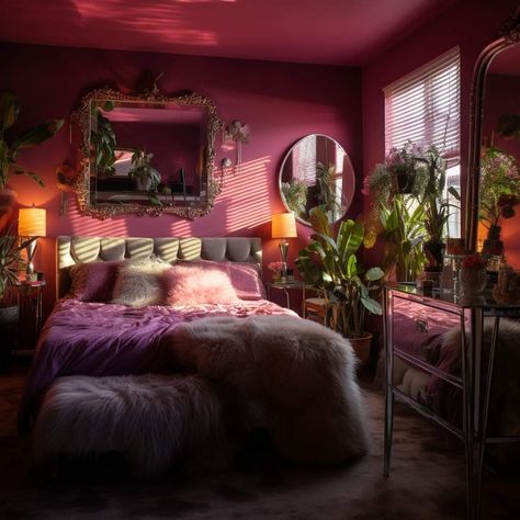 Hot Pink Room Ideas Bedrooms, Cool Bedroom Ideas For Teens, Big Bedroom Ideas Aesthetic, Girly Bedroom Ideas For Women, Glamour Bedroom Ideas, Eccentric Bedroom, Women Cave Ideas, Ethereal Decor, Women Cave