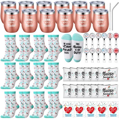 PRICES MAY VARY. Grateful Gifts Sets for Nurse: you will receive 12 nurse appreciation gifts sets, including 12 stainless steel 12oz wine tumblers with lids and straws, 12 nurse thank you cards, 12 pairs of nurse socks, 12 badge holder reels in 6 styles, 12 nurse survival kits, show your appreciation for nurses with this nurse gifts set Classic Nursing Theme Design: these nursing theme present baskets are designed with a variety of warm words and cute nurse themed patterns, stylish and exquisite Nurses Week Gift Ideas, Grateful Gifts, Nurse Week Gifts, Nurse Socks, Novelty Christmas Gifts, Diy Nursing, Gifts Sets, Nurses Week Gifts, Nurse Week