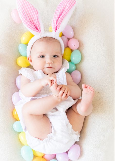 Baby’s first easter picture idea, bunny ears, easter eggs Baby Easter Bunny Pictures, Easter Instagram Pictures, 3 Month Old Photoshoot, First Easter Pictures, Easter Baby Photoshoot, Baby Holiday Pictures, Month Old Photoshoot, Easter Picture Ideas, Baby Easter Pictures