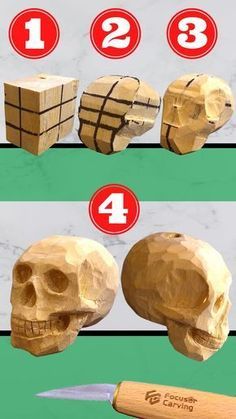 Carving Skulls In Wood, How To Carve A Skull Out Of Wood, Dremel Wood Carving Pattern, Easy Wood Sculpture, Skull Wood Carving, Easy Carving Ideas Wood, Widdle Wood Ideas Easy, Wooden Skull Carving, Dremel Carving Patterns