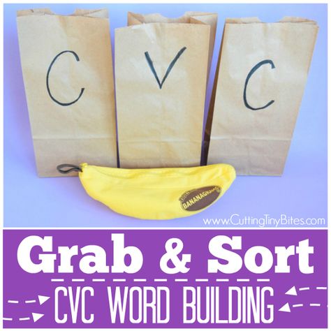 Grab and Sort: CVC Word Building. Fun phonics game for preschoolers or kindergarteners using letter tiles to build and sort simple C-V-C words. Great for early readers. Literacy Groups, Game For Preschoolers, Book Buddies, Reading Readiness, Literacy Centres, Cvc Activities, Cvc Word Activities, Ela Centers, Letter Tiles