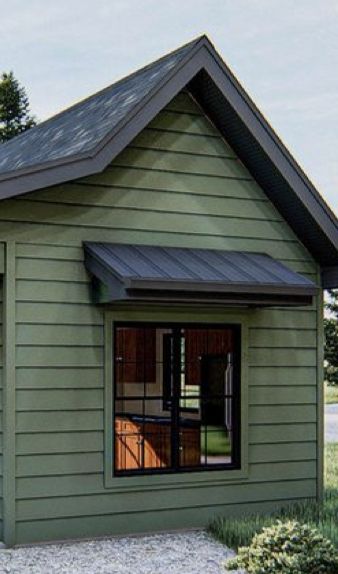 Green And Gray House Exterior, Tiny House Exterior Paint Colors, Black Metal Roof Green Siding, Green Exterior House Colors With Black Windows, Black Roof Green House Exterior, Dark Green Cottage Exterior, Green Cabin Exterior Color Schemes, Green House Green Trim, Green Siding Black Windows