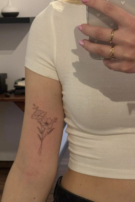 Two Cosmos Flowers Tattoo, Tattoo Ideas Female Meaningful Flowers, Cosmo And Poppy Flower Tattoo, Poppy And Aster Tattoo, Sibling Birth Flower Tattoos, Water Lily And Poppy Tattoo, Dainty Morning Glory Tattoo, Dahlia Flower Tattoo Meaning, Astor Flower Tattoo