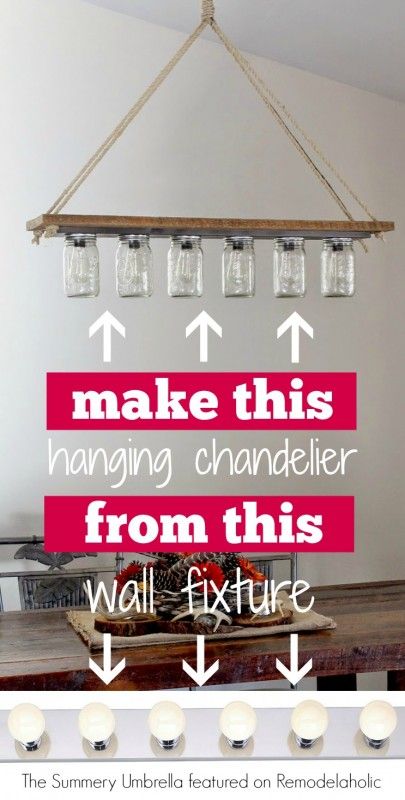 That yucky old vanity light never looked so good! Turn it into a rustic hanging chandelier. Diy Luminaire, Diy Lampe, Diy Chandelier, Deco Luminaire, Hanging Chandelier, Rustic Lighting, Diy Desk, Hanging Pendant Lights, Diy Lighting