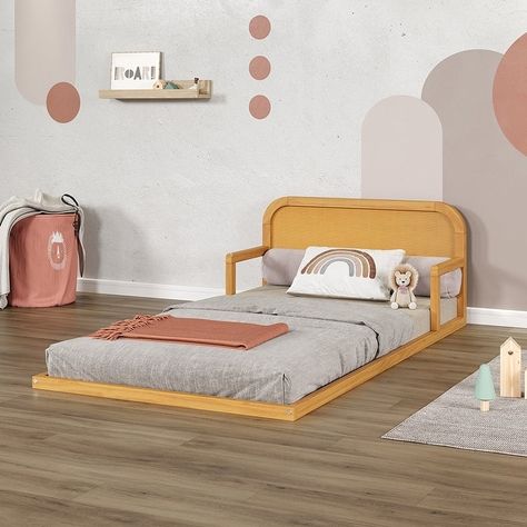 Pundefinedkolino Curva Rattan Floor Bed - FSC Certified Solid Wood - Natural - On Sale - Bed Bath & Beyond - 38401278 Twin Floor Bed, Rattan Accents, Solid Wood Bunk Beds, Kids Loft Beds, Rattan Headboard, Wood Bunk Beds, Toddler Chair, Solid Wood Platform Bed, Floor Bed