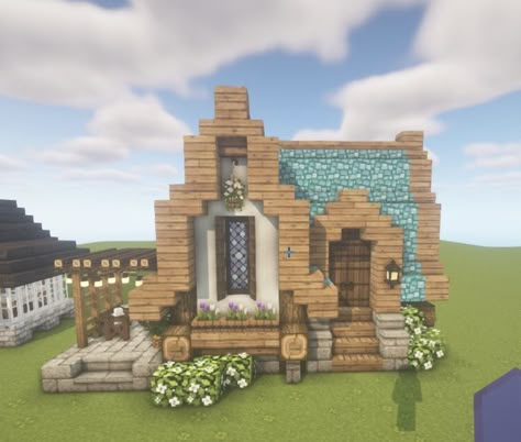 Fantasy Minecraft Cotage Tutorial by BigTonyMC Cottage Style Minecraft House, Tiny Cottage Minecraft House, Minecraft Mini Cottage House, Village Homes Minecraft, Minecraft Houses Ideas Cottage, Cottage Minecraft Tutorial, Elf House Minecraft, Minecraft Mystical House, Fantasy Cottage Minecraft