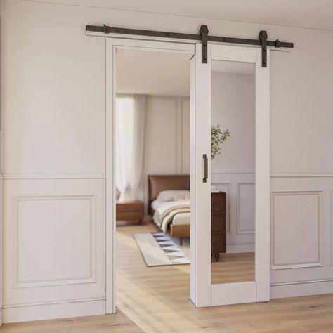 Home Worthy 80'' Glass Mirrored Solid Manufactured Wood with Installation Hardware Kit Barn Door(No Assembly Required) | Wayfair Closet Barn Door With Mirror, Sliding Barn Door Bathroom, Master Suite Layout, Sliding Glass Barn Door, Glass Barn Doors Interior, Mirror Barn Door, Bedroom Barn Door, Sliding Mirror Door, Glass Barn Door