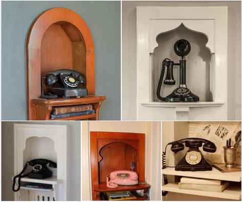 Built In Phone Nook, Telephone Nook Ideas, Antique Phone Decor Ideas, Phone Nook Ideas, Niche Closet, Telephone Nook, French Cottage Home, Bungalow Remodel, Cozy Eclectic