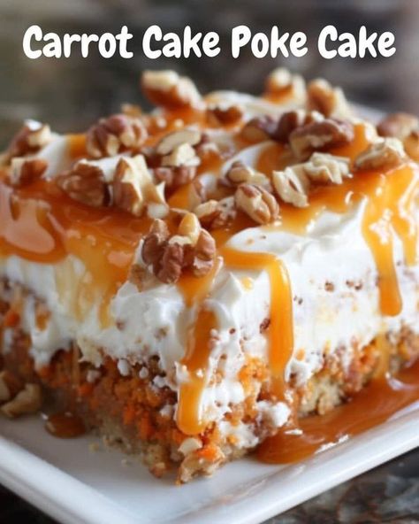 Cindy's Recipes and Awesomeness | Carrot Cake Poke Cake | Facebook Carrot Poke Cake, Carrot Cake Poke Cake, Recipes Carrot Cake, Carrot Cake Recipe From Scratch, Cake Poke, Caramel Apple Cake, Easy Carrot Cake, Homemade Caramel Sauce, Poke Cake Recipes