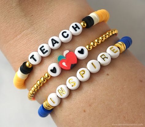 Bracelet Set Ideas, Teacher Back To School Gifts, Teacher Bracelet, First Day Of School Teacher, Heishi Bracelets, Heishi Bracelet, Teacher Craft, Teacher Back To School, Wood Bead Bracelet