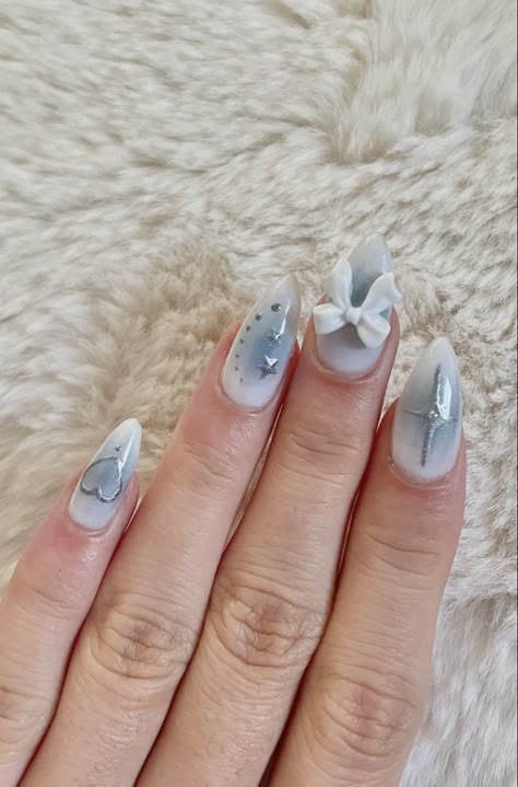 Blue Blush Nails, Gel Blush Nails, Light Blue Almond Nails, Gel Blue Nails, Cutest Nails, Xv Ideas, Tattoo Nails, Nails Paint, Bday Nails