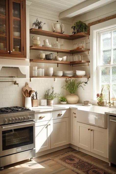 Discover how to maximize charm in limited spaces with our collection of 20+ small cottage kitchen designs, featuring ingenious solutions for petite kitchens. Cottage Kitchen Tiles, Small Kitchen Set, Small Condo Kitchen, Petite Kitchen, Small Farmhouse Kitchen, Cottage Kitchen Design, Small Cottage Kitchen, Kitchen Shelf Decor, Kitchen Set Up