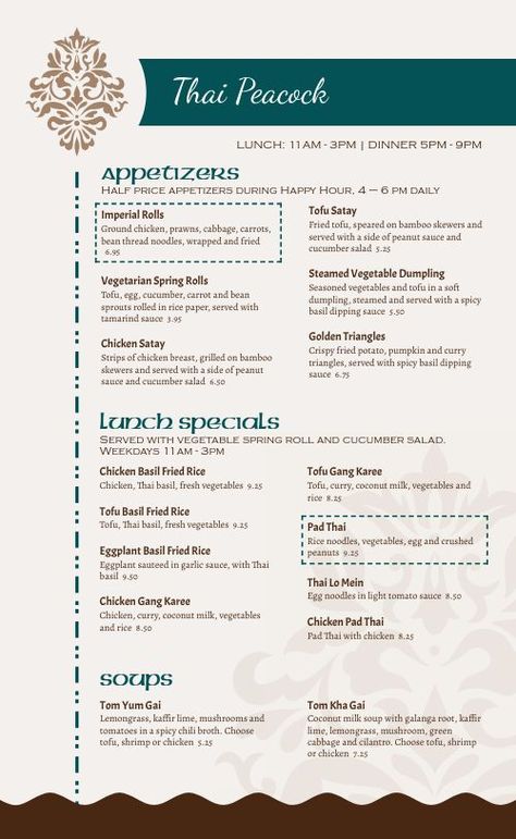 Brown Damask Thai Menu Thai Restaurant Menu, Korean Menu, Pizzeria Menu, Vegetarian Spring Rolls, Fine Dining Menu, Thai Menu, Diner Menu, Vegetable Dumplings, Mexican Menu