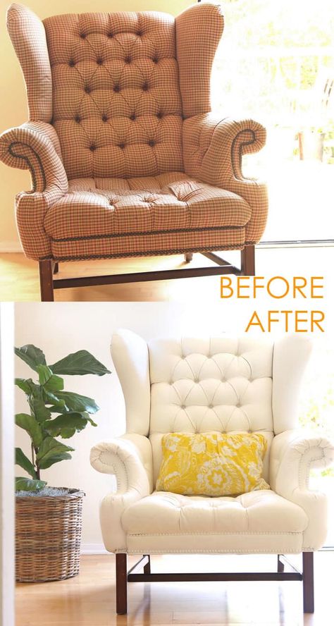 How to Paint Upholstery: Old Fabric Chair Gets Beautiful New Life - A Piece Of Rainbow Fabric On Furniture, How To Paint Fabric, Painting Upholstered Furniture, Painting Fabric Chairs, Painting Fabric Furniture, Painted Sofa, Paint Upholstery, Paint Fabric, Painted Chair