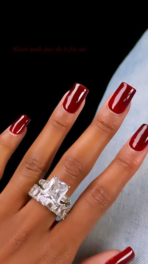 Short square nails in maroon on black women with a diamond ring. Burgundy Nails Black Women, Maroon Square Nails, Nail Board, Maroon Nails, Maroon Shorts, Short Square Nails, Short Square Acrylic Nails, Burgundy Nails, Nails Black