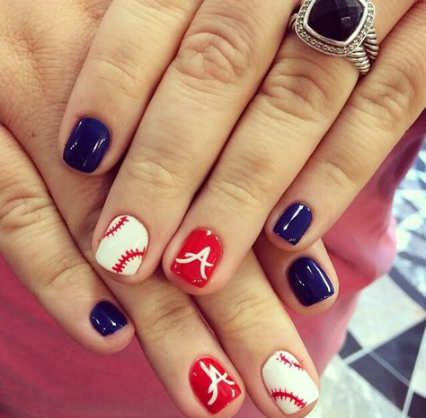 Atlanta Braves nails Atlanta Braves Nails, Braves Nails, Now Nail Art, Sporty Nails, Baseball Nail Designs, Morgan Johnson, Press On Nails Size, Baseball Nails, Travel Ball