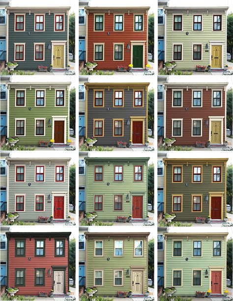 Historic house paint color schemes.                                                                                                                                                                                 More Color Schemes Exterior House, Four Square House Exterior Paint Colors, Unusual Exterior House Colors, Extior House Colors, Green Colonial House Exterior, Vintage Exterior House Colors, Orange Exterior House Colors, Outside House Paint Colors Ideas, Red Exterior House Colors