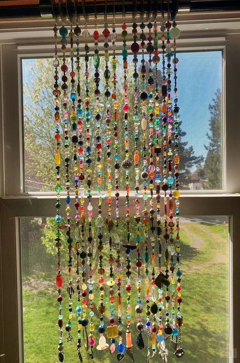 Handmade Beaded Window Curtain Sea Glass Bead Curtain, Bead Window Hanging, Bead Curtain Window, Beaded Window Curtain, Window Beads Curtains, How To Make A Beaded Curtain, Button Curtains, Thrifted Home Decor Diy Ideas, Bead Curtain Diy