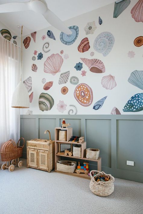 Kyal and Kara reveal the rumpus room, kid's room and toy room in their new family home - Blue Lagoon Build - on the NSW Central Coast. Rumpus Room Ideas, Kyal And Kara, Rumpus Room, Modern Coastal Home, Kids Rooms Diy, Nursery Paintings, Removable Wall Stickers, Estantes Flotantes, Toy Rooms