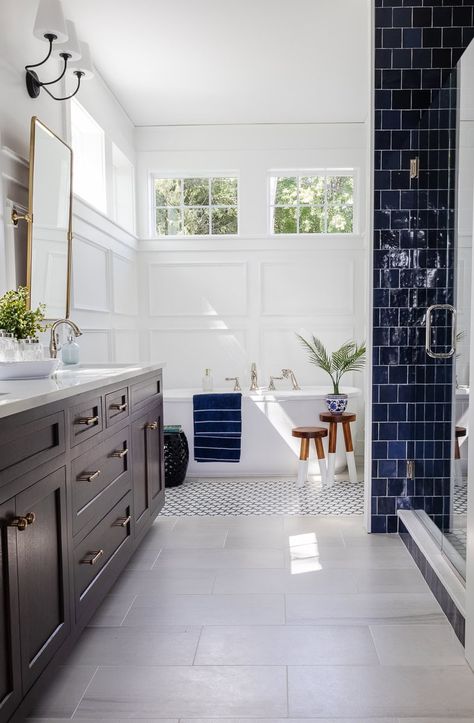 Navy and White Lake House Bathroom Bathroom Navy Tile, Navy And White Bathroom Tile, Navy And White Tile Bathroom, Navy Bathroom Tile Floor, Navy And White Bathroom Floor Tile, Master Bath Remodel Navy Vanity, Navy And White Bathroom, White Lake House, Lake House Bathroom Ideas