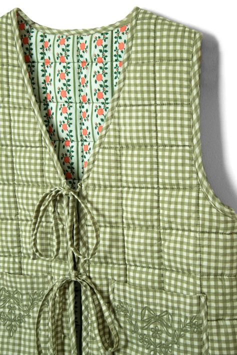 arte reversible tie gilet - green gingham – Damson Madder Bow Embroidery, Canvas Makeup Bag, Scarf Yarn, Quilted Backpack, Green Gingham, Sewing Patterns For Kids, Homewares Shop, Quilted Vest, Embroidery Details