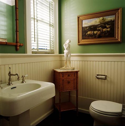 Would you have thought of this beautiful green color for the bathroom? Goes great with white bead board... White Beadboard Bathroom, Wood Panel Bathroom, Bathroom Wainscoting, Wainscoting Height, Small Bathroom Pictures, Beadboard Bathroom, White Beadboard, Beadboard Paneling, Beadboard Wainscoting