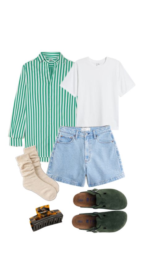 Green Striped Shirt Outfit, Birkenstocks Outfit, Striped Shorts Outfit, Grandpa Aesthetic, Birkenstock Boston Outfit, Green Striped Shirt, Striped Shirt Outfit, Big Girl Job, Jean Short Outfits