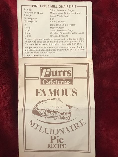 Furrs Cafeterias Famous Millionaire Pie recipe Furs Millionaire Pie, Billionaire Pie Furrs, Furrs Millionaire Pie Recipes, Millionaires Pie Recipe, Furr's Cafeteria Recipes, Furrs Millionaire Pie, Lubys Recipes Desserts, Furrs Cafeteria Recipes, Millionaire Pie Furrs Recipe