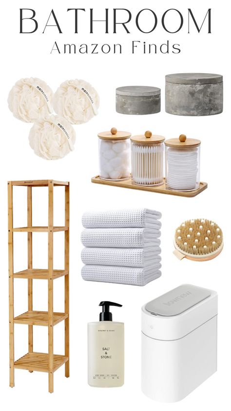 amazon bathroom finds, 5 tier bamboo shelf, bathroom aesthetic, microfiber oversize quick dry lint free bath towels, 2 grey round decorative cement boxes and lids, salt & stone body wash, seaweed infused bath shower loofah, brushing body brush, cotton swab holder, bathroom containers, automatic infrared motion sensor trash can with lid #affiliate #bathroomideas #amazon Loofah Storage Ideas, Cute Shower Aesthetic, Bamboo Bathroom Shelf, Bathroom Bamboo Decor, Bathroom Accessories Inspiration, Bamboo Bathroom Ideas, Bathroom Amazon Finds, Amazon Bathroom Finds, Stone Bathroom Accessories