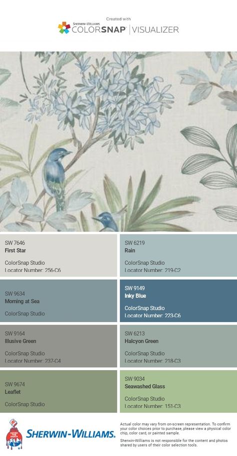 I just created this color palette with the Sherwin-Williams ColorSnap® Visualizer app on my Android phone. What do you think? You can learn more about ColorSnap Visualizer and get it on your phone free by visiting https://www.sherwin-williams.com/content/colorsnap.html. Accent Colors For Mint Green, Seafoam Blue Bedroom, Blues And Green Color Palette, Moss Green And Light Blue, Sherwin Williams Stardew Color Palette, Colors That Compliment Mint Green, Calming Blue Green Paint Colors, Duck Egg Blue Colour Palette Living Room, Sherwin Williams Paint Pallets For Home