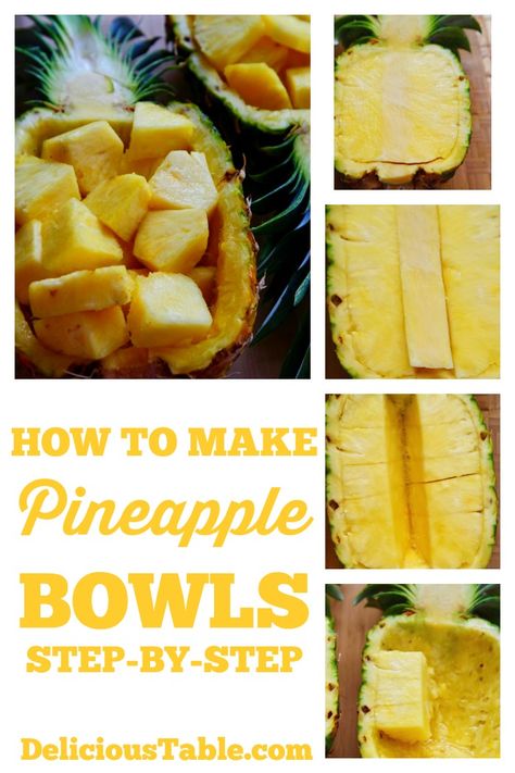 Pineapple bowls or pineapple boats as they are known, are so pretty to serve fresh pineapple chunks, or for dishes like tropical coconut rice, teriyaki or huli huli chicken. #pineapplebowls #pineapple #howtocutpineapple #summerfruit Stuff Pineapple Boats, Pineapple Serving Ideas, How To Make A Pineapple Bowl, Teriyaki Chicken In Pineapple Boats, Pineapple Fruit Bowl, Pineapple Bowl Recipe, Pineapple Bowls, Pineapple Boats, Huli Chicken