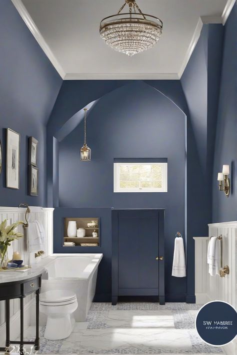 bathroom paint colors,navy blue paint,navy bathroom decor,navy blue bathroom Blue Bathroom Paint Ideas, Navy Bathroom Cabinets, Bathroom Blue Walls, Remove Cabinet Doors, Blue Bathroom Paint, Bathroom Redecorating, Navy Bathroom, Bathroom Blue, Painting Bathroom Cabinets