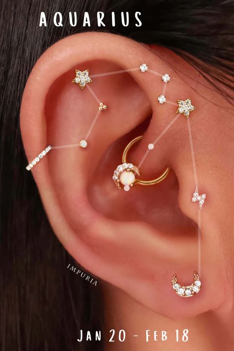 12 Zodiac Constellation Ear Piercing Ideas – Impuria Ear Piercing Jewelry Constalation Ear Piercings, Constalation Piercing, Ear Piercings Placement Chart, Constellation Piercings, Piercing Chart, Ear Piercings Chart, Ear Peircings, Aquarius Constellation, Double Ear Piercings