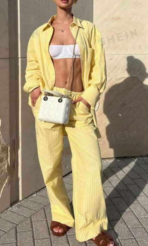 Pijama Pants Outfit, Summer Two Piece Outfits, Vintage Pajamas, Striped Pyjamas, Shirts Women Fashion, Yellow Blouse, Loungewear Women, Looks Chic, Elegant Shirt