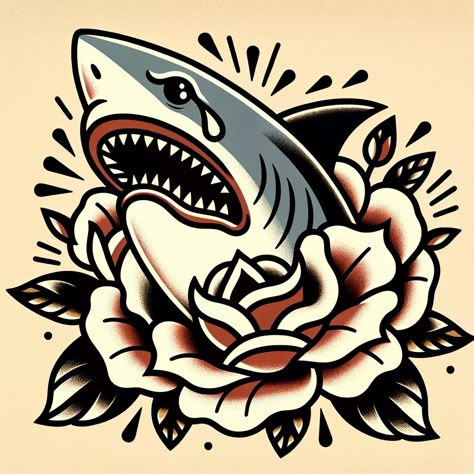 American Trad Neck Tattoo, American Traditional Hammerhead, Trad Shark Tattoo, Traditional Tattoos Shark, Traditional Shark Tattoo Design, Sailor Jerry Shark, American Traditional Nautical Tattoo, American Traditional Shark Tattoo, Shark Tattoo Traditional